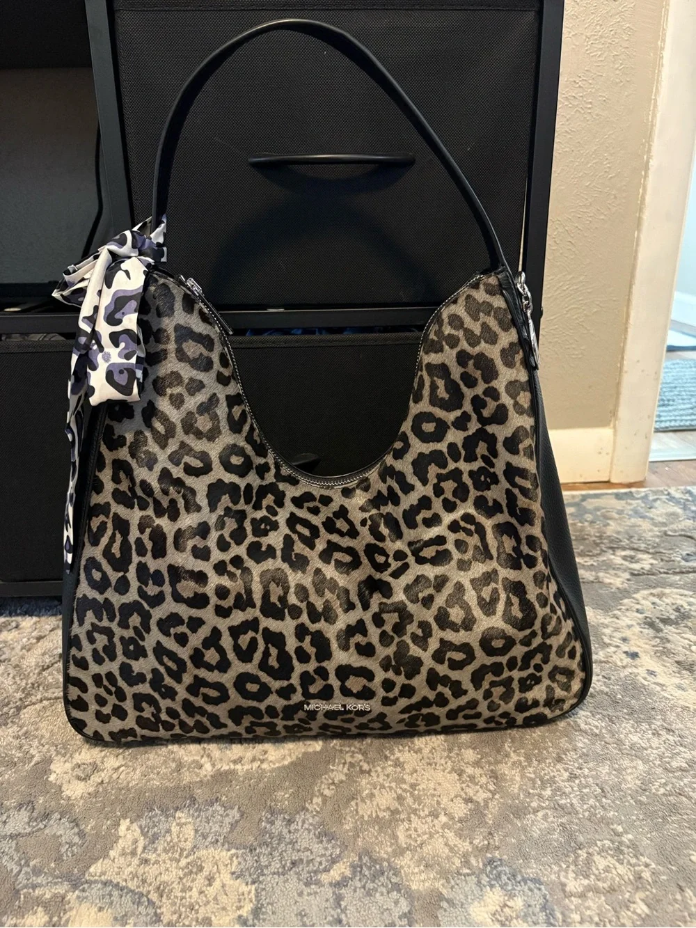 Michael Kors Leopard Print Hobo Bag - Black & Taupe